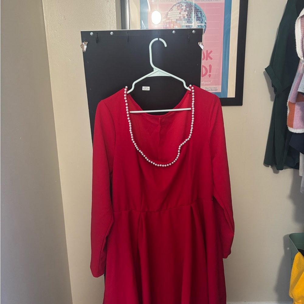 Elegant Red Dress with Pearl Accents